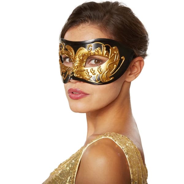 Venetiansk mask med utsmyckningar - svart/guld