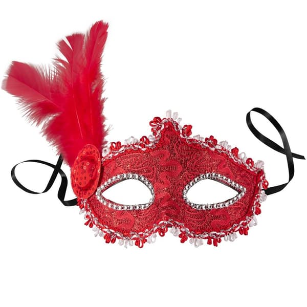 Venetiansk mask med fjädrar på sidorna - röd