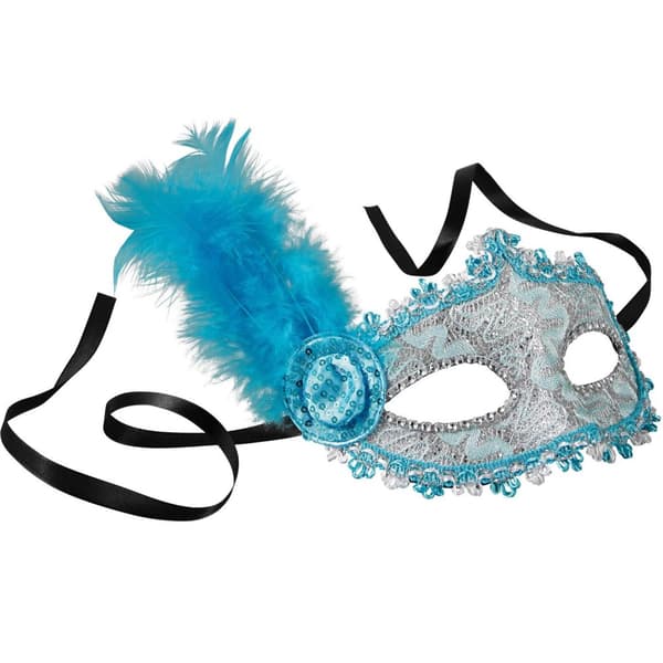 Venetiansk mask med fjädrar på sidorna - blå