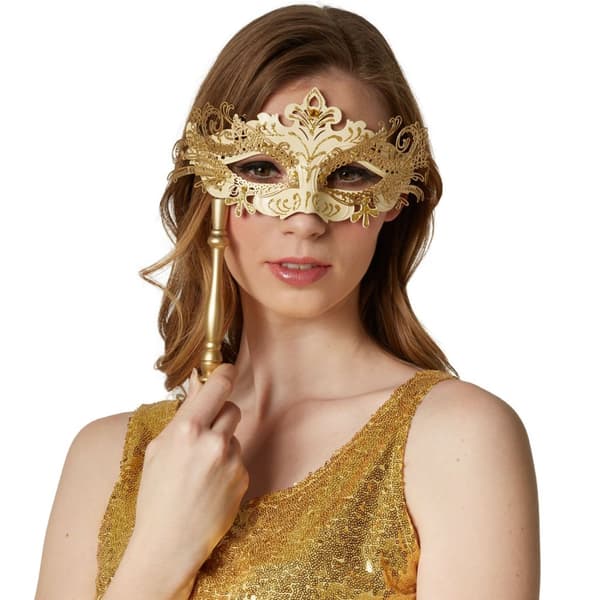 Venetiansk mask med pinne - guld