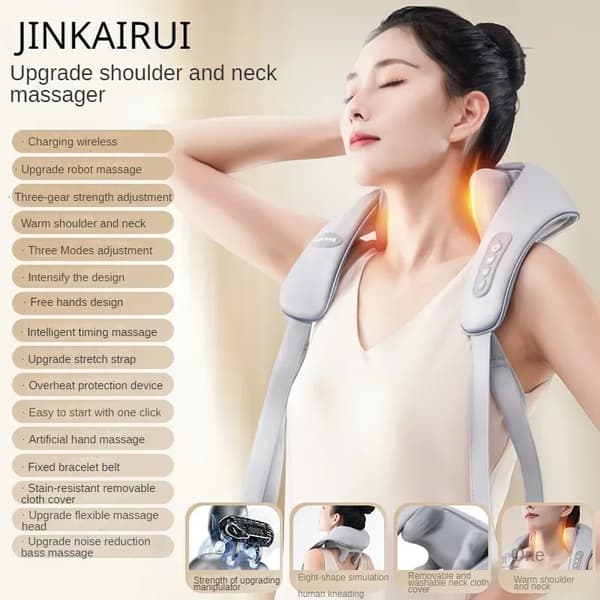 Genopladelig Nakke Massager, 6D Avanceret Massage, Hænderfri Design,Grå -TYPE- C