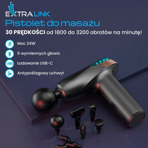 Extralink Massage Gun Lite | Hierontapistooli | 3200 RPM, 6 vaihdettavaa suutinta