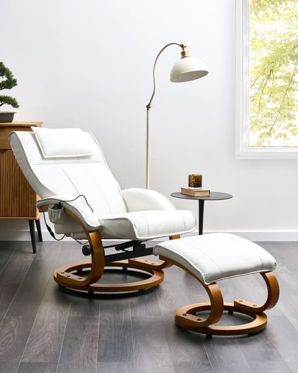 Hvilestol Hvid med Fodskammel i Kunstlæder Polstret Træ stel Varme Massagefunktion Retro Design