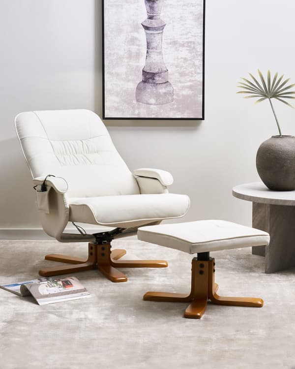 Lænestol Lyst Træ Beige Kunstlæder Hvilestol med Varme Massage Funktion Positionsstol Klassisk Moderne Fodskammel til Stue Kontor Indretning