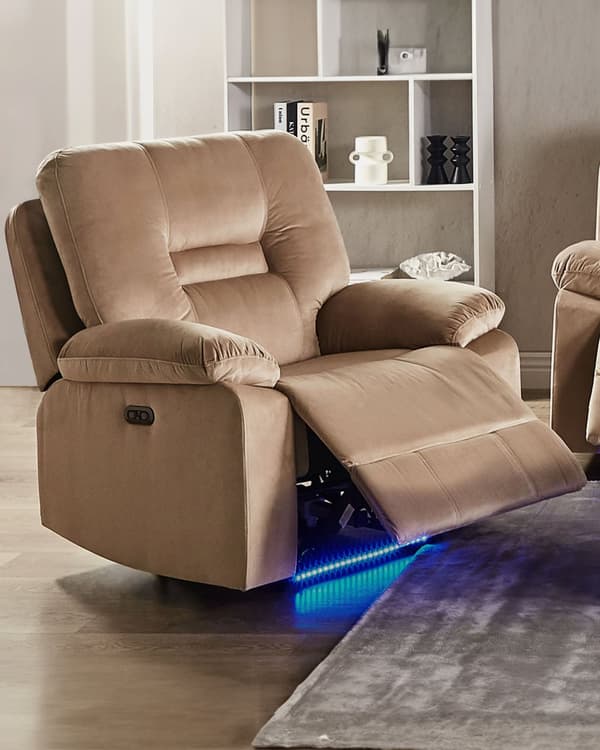 Nojatuoli hiekanruskea 85 x 101 x 74 cm sametti USB LED-valo sähkösäädettävä moderni