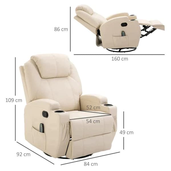 Rootz Massagestol - Elektrisk afslapningsstol - Tv-stol - Massagefunktion - 5 massagetilstande - Liggefunktion - Cremehvid - 84 x 92 x 109 cm