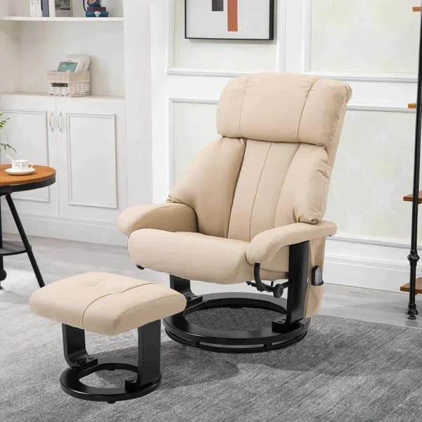 Rootz Massagestol - Avslappningsstol med liggfunktion - Tv-stol - Liggstol - Ergonomisk stol - Fåtölj med pall - Beige - 76 x 80 x 102 cm