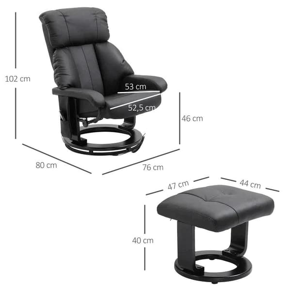 Rootz Relaxation Lounger med liggfunktion - Massagestol - Tv-stol - Liggstol - Ergonomisk stol - Fåtölj med pall - Svart - 76 x 80 x 102 cm