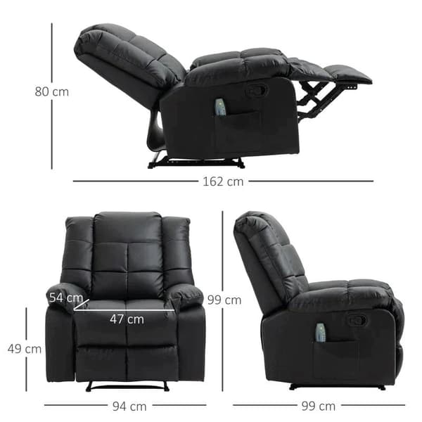 Rootz Massagestol - Afslapningsstol - 8 Vibrationspunkter - Liggefunktion - Imiteret læder - Sort - 94 x 99 x 99 cm