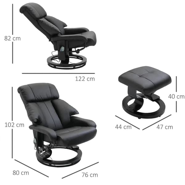 Rootz Massagestol - Fodskammel - 10 vibrationspunkter - 145° justerbart ryglæn - Elegant+glat - Imiteret læder - Sort - 76L x 80W x 102H cm