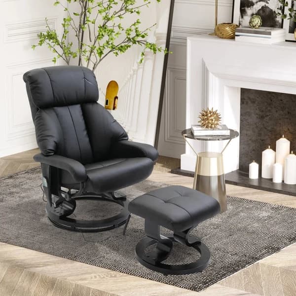 Rootz Massagestol - Fodskammel - 10 vibrationspunkter - 145° justerbart ryglæn - Elegant+glat - Imiteret læder - Sort - 76L x 80W x 102H cm