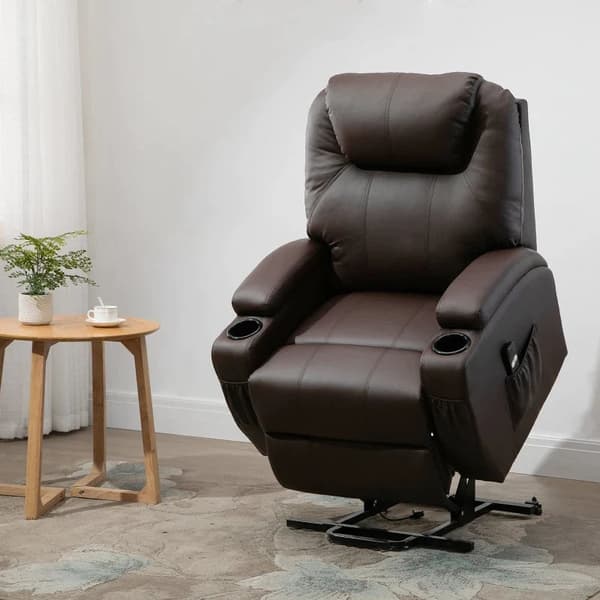 Rootz Relaxation Chair - Ståhjälp - Inklusive fjärrkontroll - Mugghållare - Justerbart ryggstöd - Fuskläder - Brun - 84L x 92W x 109H cm
