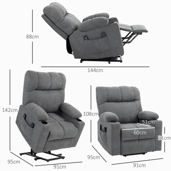 Rootz Electric Riser Hvilestol - Stand-Up TV Hvilestol - Massagepunkter - Fodstøtte - Kopholdere - Grå - 91cm x 95cm x 109cm