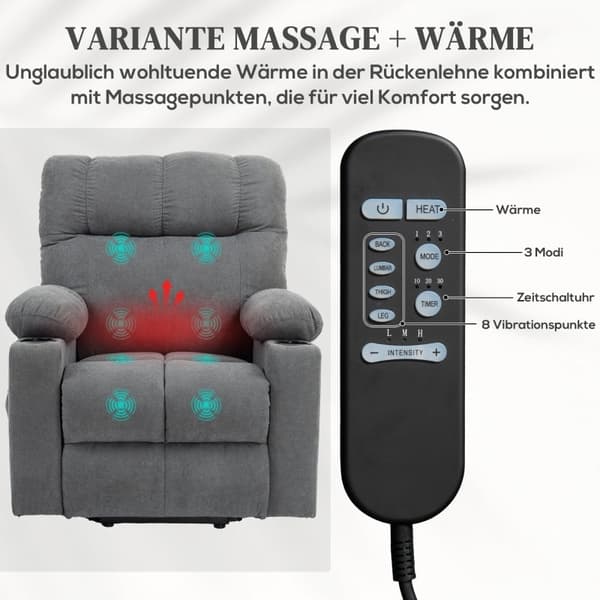 Rootz Electric Riser Hvilestol - Stand-Up TV Hvilestol - Massagepunkter - Fodstøtte - Kopholdere - Grå - 91cm x 95cm x 109cm