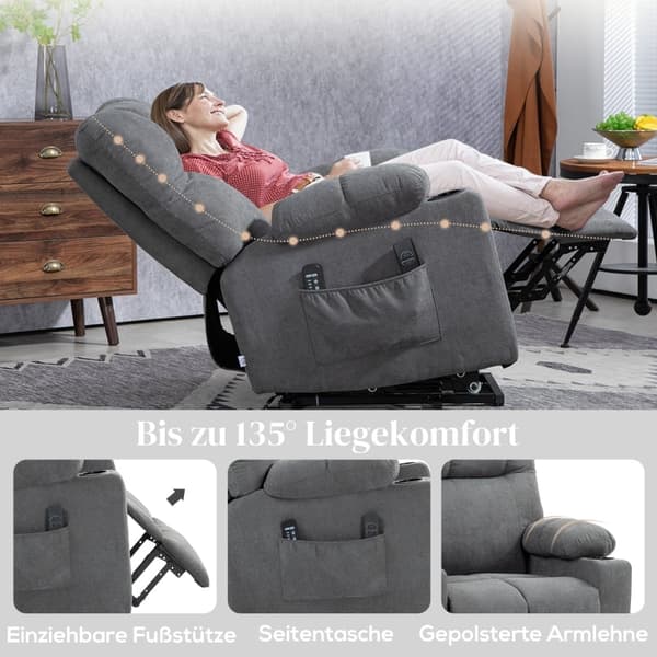 Rootz Electric Riser Hvilestol - Stand-Up TV Hvilestol - Massagepunkter - Fodstøtte - Kopholdere - Grå - 91cm x 95cm x 109cm