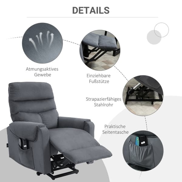 Rootz Power Lift Hvilestol - Seniorvenlig - Elektrisk TV Hvilestol - Vibrationsmassage - Varmepuder - Mørkegrå - 79cm x 97cm x 103cm