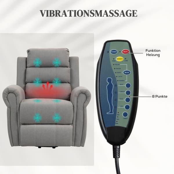 Rootz moderne hvilestol med stå-op-støtte - Biografstol - Ældrestol - Elektrisk massage og varme - 91 cm x 89 cm x 106 cm