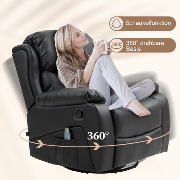 Rootz TV-fåtölj med massagefunktion - Uppvärmd biostol - 360° rotation - Rocker Recliner - 8 massagepunkter - Tjock vaddering - Fjärrkontroll - 97cm x