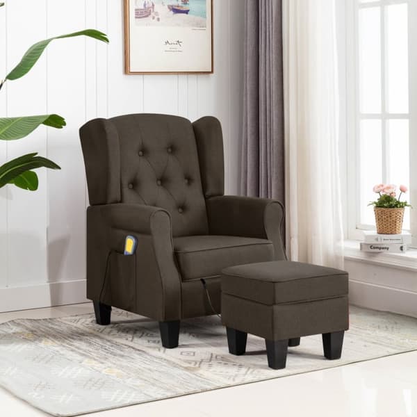 Massagefåtölj med fotpall brun tyg