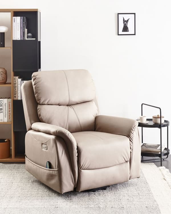 Massagestol Taupe Kunstlæder Lænestol med Løftefunktion Elektrisk Recliner Hvilestol med Motor Sædeløft Stol Fjernbetjening Seniorstol