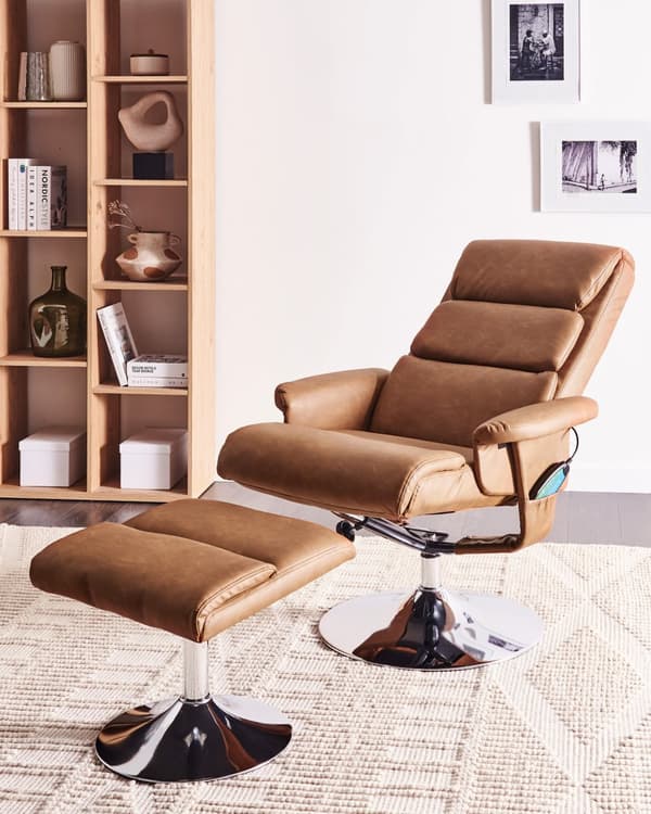 Hvilestol Brun med Fodskammel Polstret Metalstel i Imiteret Læder Opvarmet Massagefunktion Retro Design