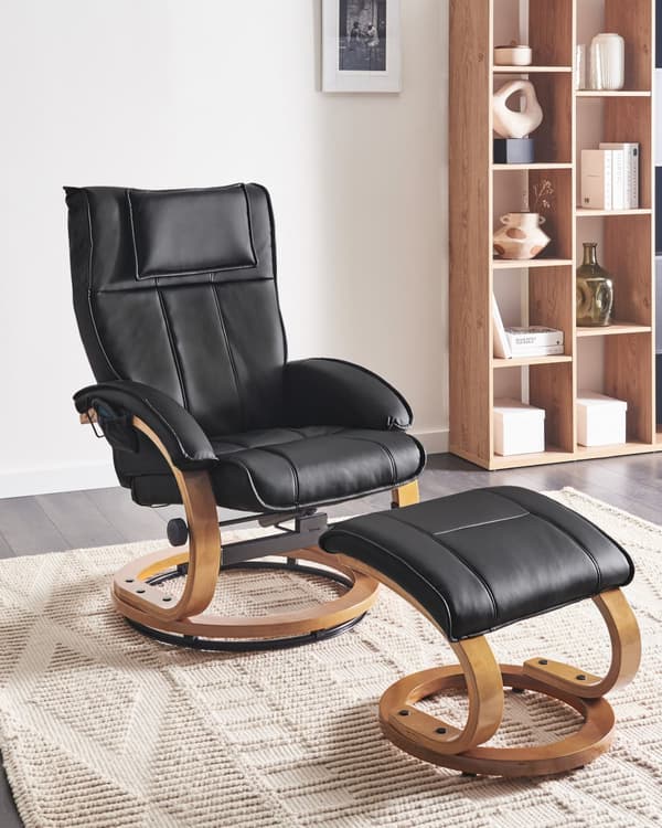 Hvilestol Sort med Fodskammel i Kunstlæder Polstret Træ stel Varme Massagefunktion Retro Design