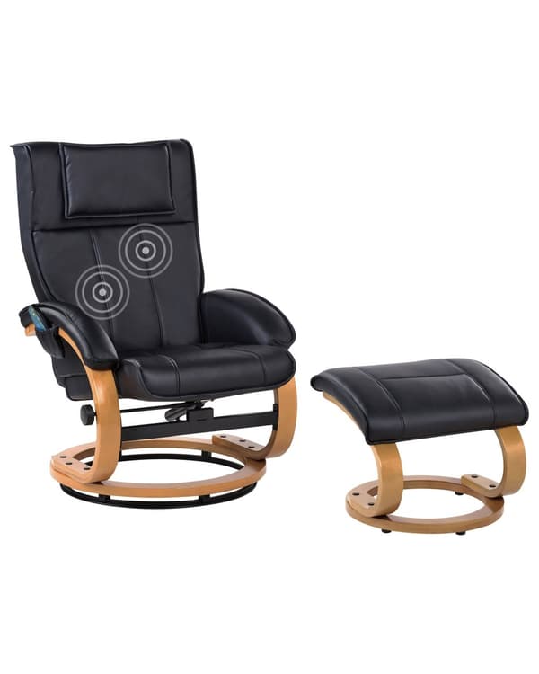 Hvilestol Sort med Fodskammel i Kunstlæder Polstret Træ stel Varme Massagefunktion Retro Design