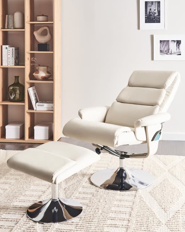Hvilestol Lys beige med Fodskammel Polstret Metalstel i Imiteret Læder Opvarmet Massagefunktion Retro Design