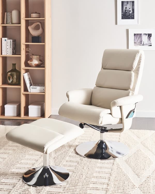 Hvilestol Lys beige med Fodskammel Polstret Metalstel i Imiteret Læder Opvarmet Massagefunktion Retro Design