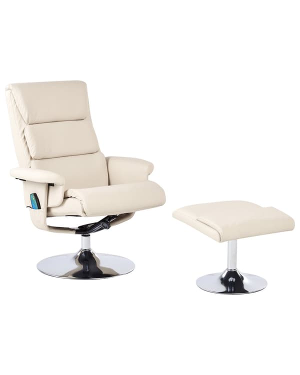 Hvilestol Lys beige med Fodskammel Polstret Metalstel i Imiteret Læder Opvarmet Massagefunktion Retro Design
