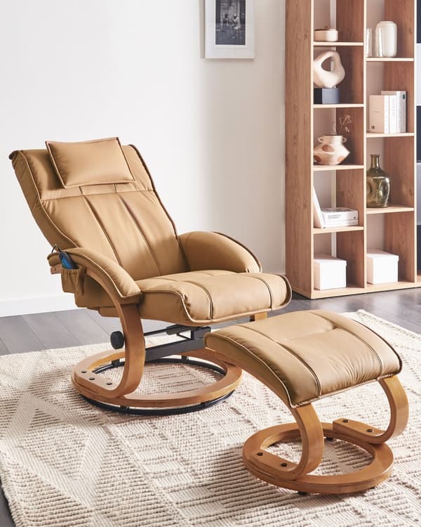 Hvilestol Lysebrun med Fodskammel i Kunstlæder Polstret Træ stel Varme Massagefunktion Retro Design