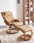 Miniatyrbillede 4 af 11: Hvilestol Lysebrun med Fodskammel i Kunstlæder Polstret Træ stel Varme Massagefunktion Retro Design
