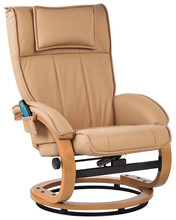Hvilestol Lysebrun med Fodskammel i Kunstlæder Polstret Træ stel Varme Massagefunktion Retro Design