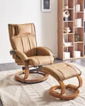 Miniatyrbillede 2 af 11: Hvilestol Lysebrun med Fodskammel i Kunstlæder Polstret Træ stel Varme Massagefunktion Retro Design