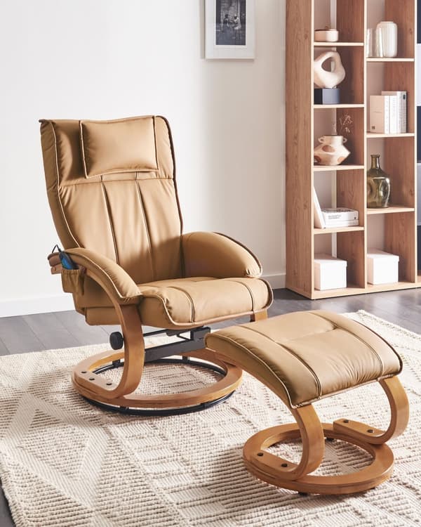 Hvilestol Lysebrun med Fodskammel i Kunstlæder Polstret Træ stel Varme Massagefunktion Retro Design