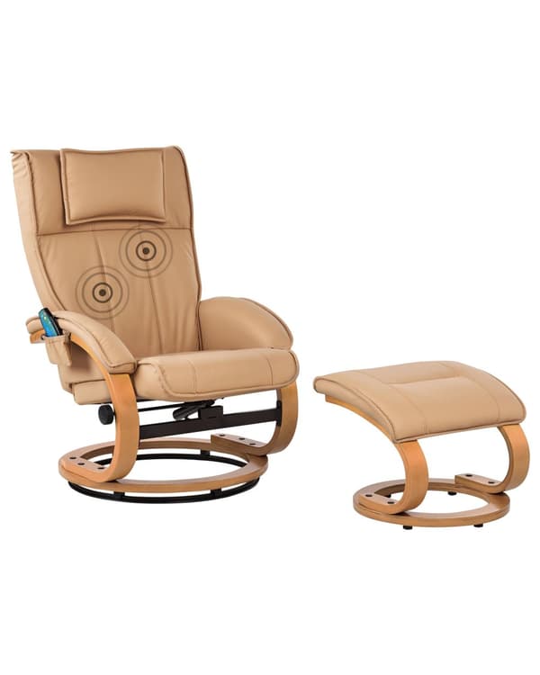 Hvilestol Lysebrun med Fodskammel i Kunstlæder Polstret Træ stel Varme Massagefunktion Retro Design