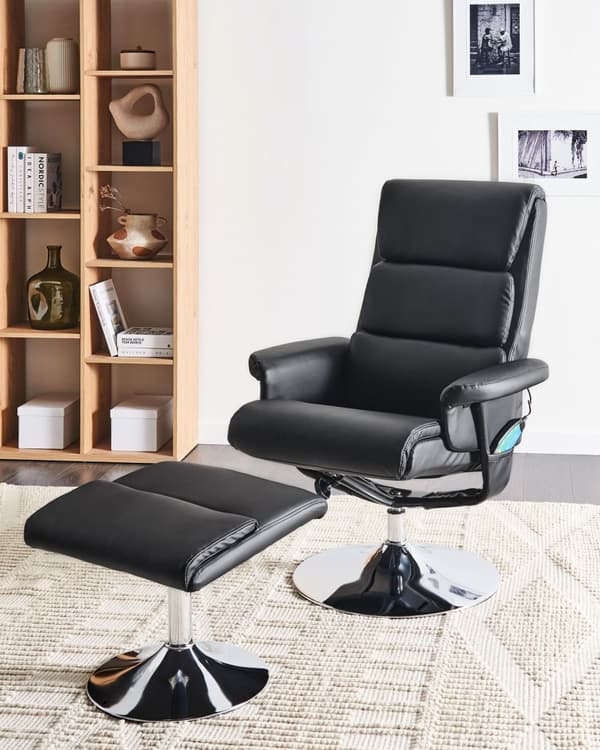 Hvilestol Sort med Fodskammel Polstret Metalstel i Imiteret Læder Opvarmet Massagefunktion Retro Design