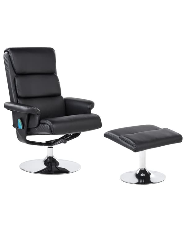 Hvilestol Sort med Fodskammel Polstret Metalstel i Imiteret Læder Opvarmet Massagefunktion Retro Design