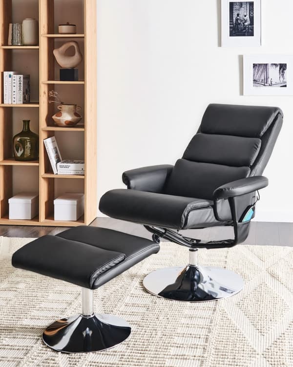 Lenestol med fotskammel Svart Imitert skinn Metallramme Svingbar Massasje- og varmefunksjon Retro design Hvilestol Recliner