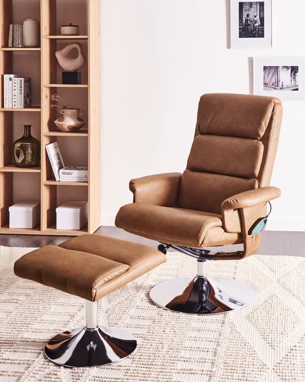 Lenestol med fotskammel Brun Imitert skinn Metallramme Svingbar Massasje- og varmefunksjon Retro design Hvilestol