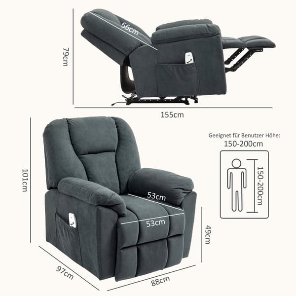 Rootz Electric Relaxstol - Massage hvilestol - polstret sæde - varmefunktion - USB -port - 135 ° Tilt - 88 cm x 97 cm x 101 cm