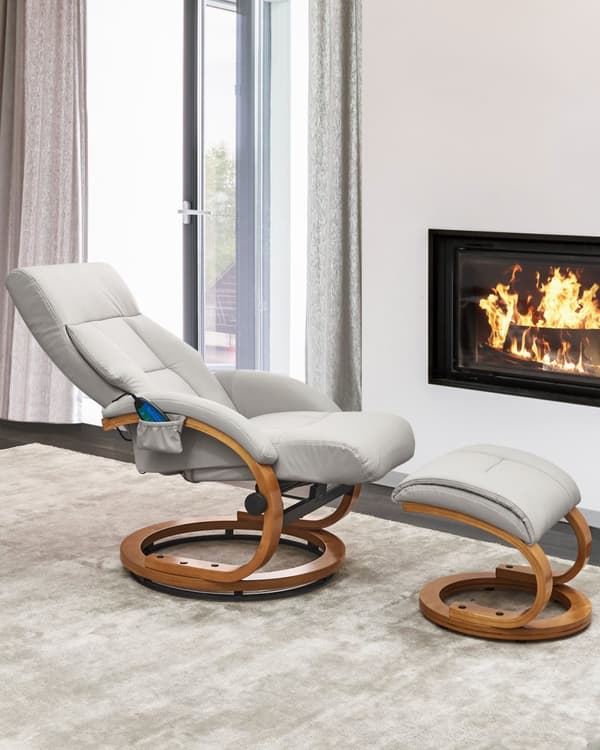 Recliner med fotskammel Lysegrå Imitert skinn Treramme Massasje- og varmefunksjon Svingbar Justerbar rygg Retro design Hvilestol