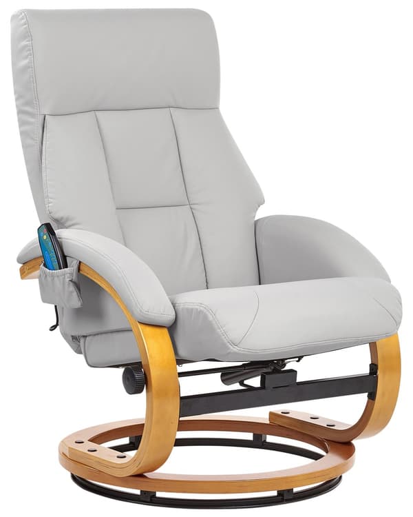 Recliner med fotskammel Lysegrå Imitert skinn Treramme Massasje- og varmefunksjon Svingbar Justerbar rygg Retro design Hvilestol