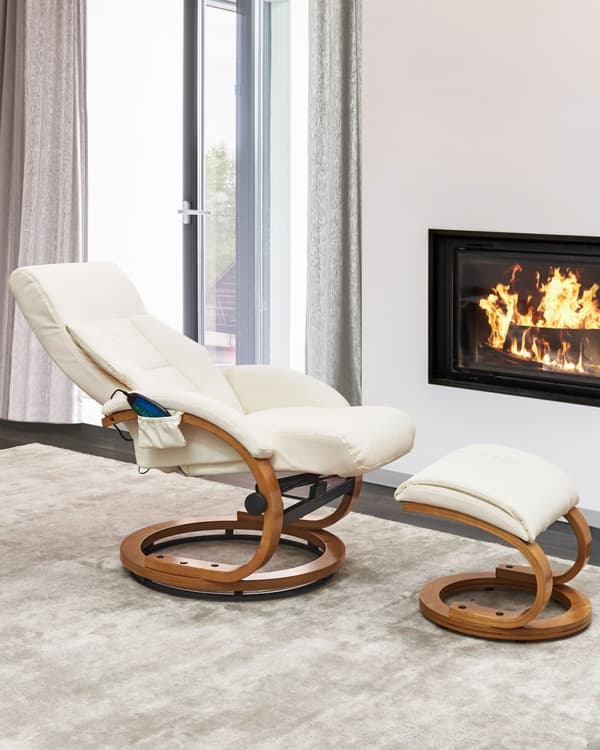Recliner med fotskammel Hvit Imitert skinn Treramme Massasje- og varmefunksjon Svingbar Justerbar rygg Retro design Hvilestol