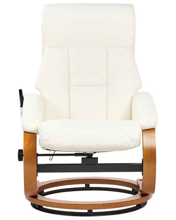 Recliner med fotskammel Hvit Imitert skinn Treramme Massasje- og varmefunksjon Svingbar Justerbar rygg Retro design Hvilestol