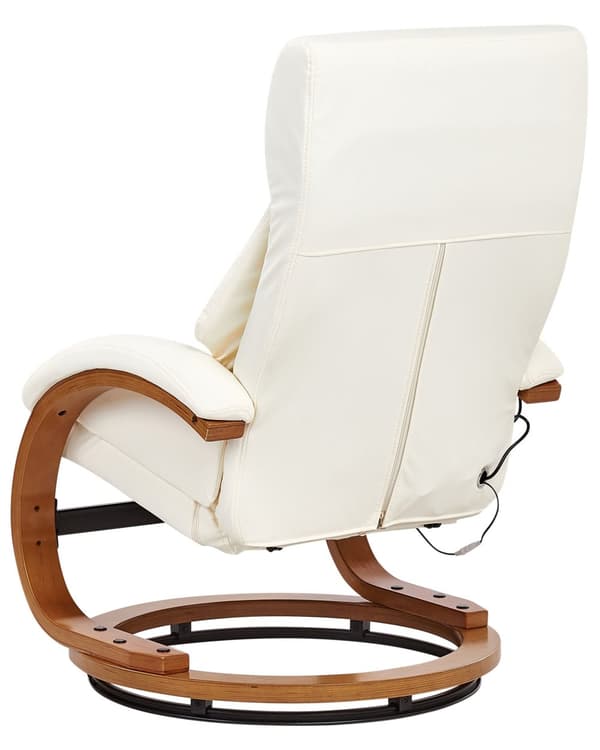 Recliner med fotskammel Hvit Imitert skinn Treramme Massasje- og varmefunksjon Svingbar Justerbar rygg Retro design Hvilestol
