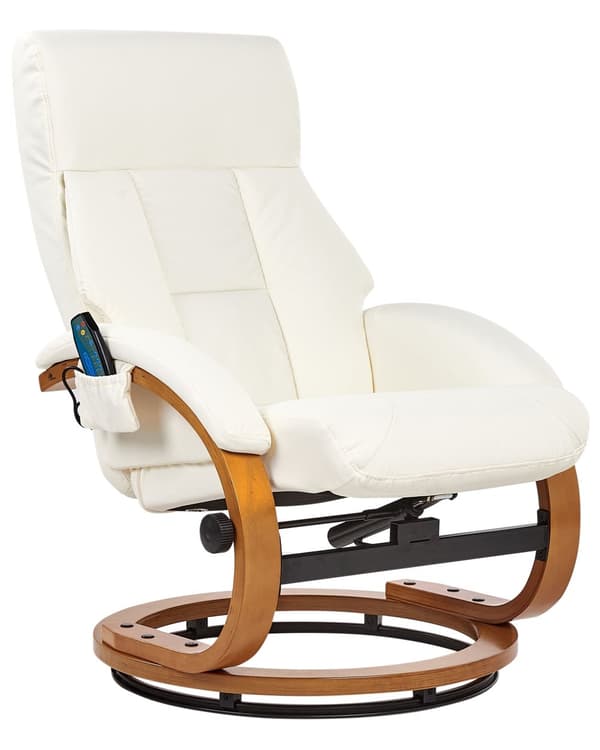 Recliner med fotskammel Hvit Imitert skinn Treramme Massasje- og varmefunksjon Svingbar Justerbar rygg Retro design Hvilestol