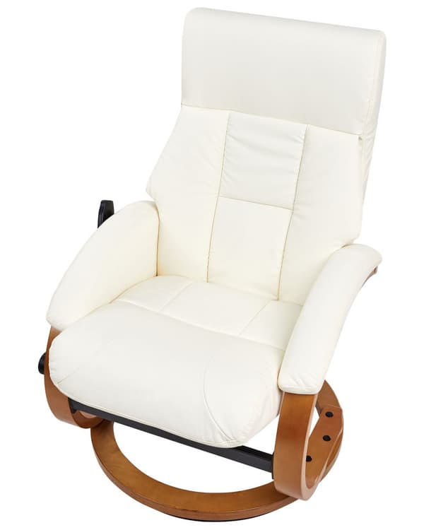 Recliner med fotskammel Hvit Imitert skinn Treramme Massasje- og varmefunksjon Svingbar Justerbar rygg Retro design Hvilestol