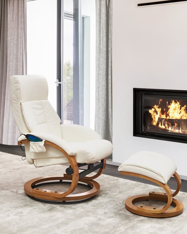 Recliner med fotskammel Hvit Imitert skinn Treramme Massasje- og varmefunksjon Svingbar Justerbar rygg Retro design Hvilestol