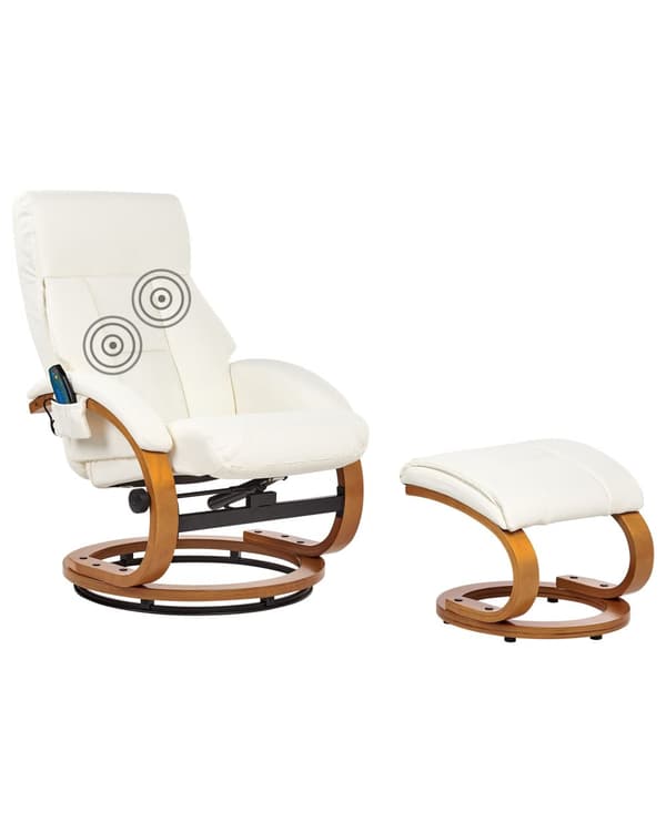 Recliner med fotskammel Hvit Imitert skinn Treramme Massasje- og varmefunksjon Svingbar Justerbar rygg Retro design Hvilestol